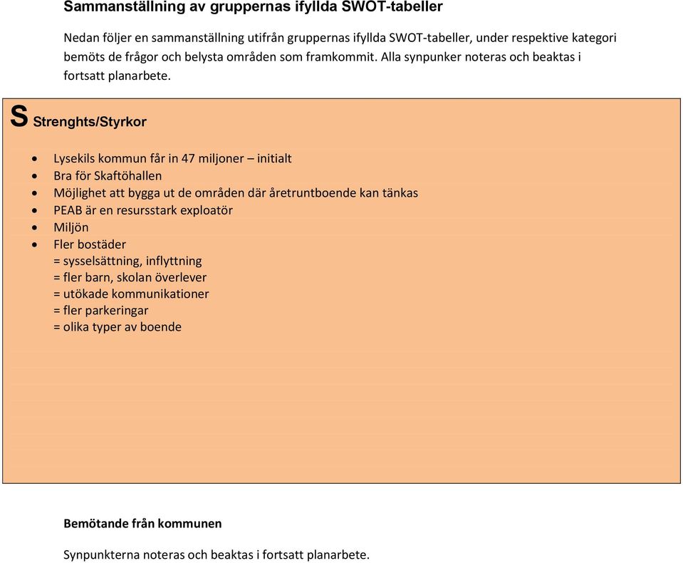 S Strenghts/Styrkor Lysekils kommun får in 47 miljoner initialt Bra för Skaftöhallen Möjlighet att bygga ut de områden där åretruntboende kan tänkas