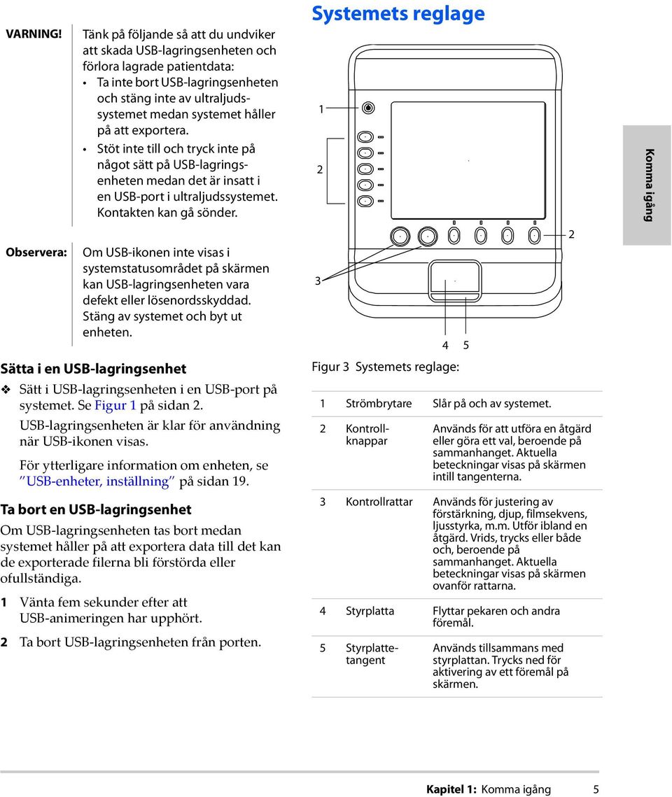 håller på att exportera. Stöt inte till och tryck inte på något sätt på USB-lagringsenheten medan det är insatt i en USB-port i ultraljudssystemet. Kontakten kan gå sönder.