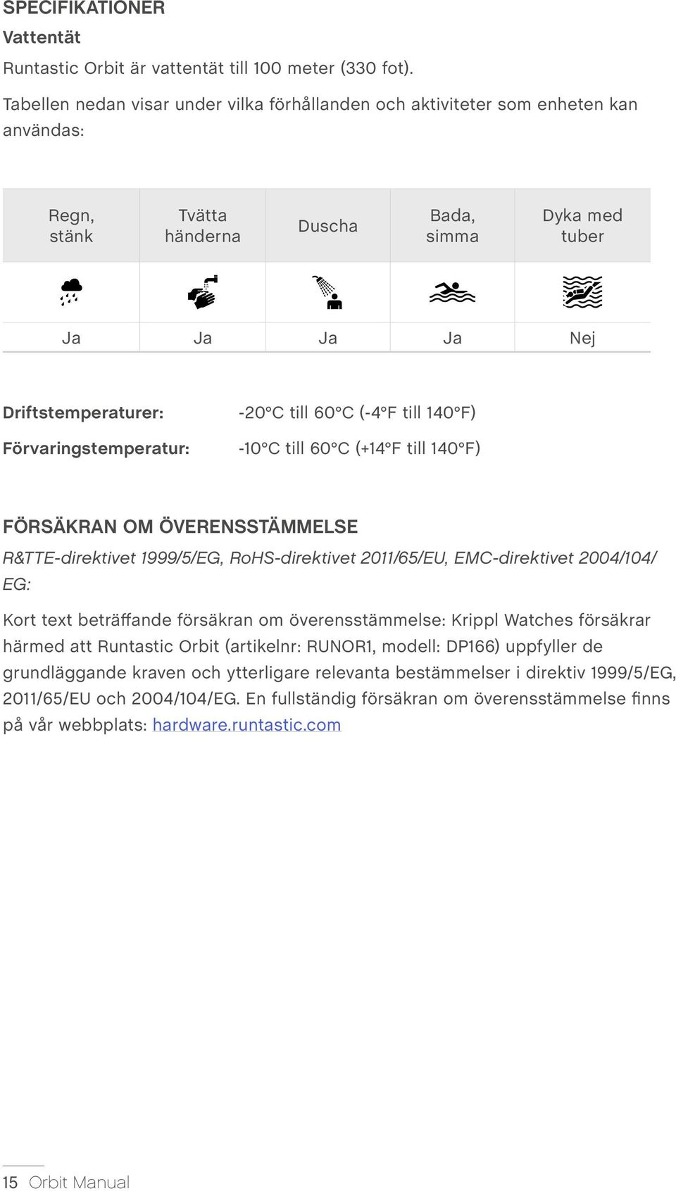 Förvaringstemperatur: -20 C till 60 C (-4 F till 140 F) -10 C till 60 C (+14 F till 140 F) FÖRSÄKRAN OM ÖVERENSSTÄMMELSE R&TTE-direktivet 1999/5/EG, RoHS-direktivet 2011/65/EU, EMC-direktivet