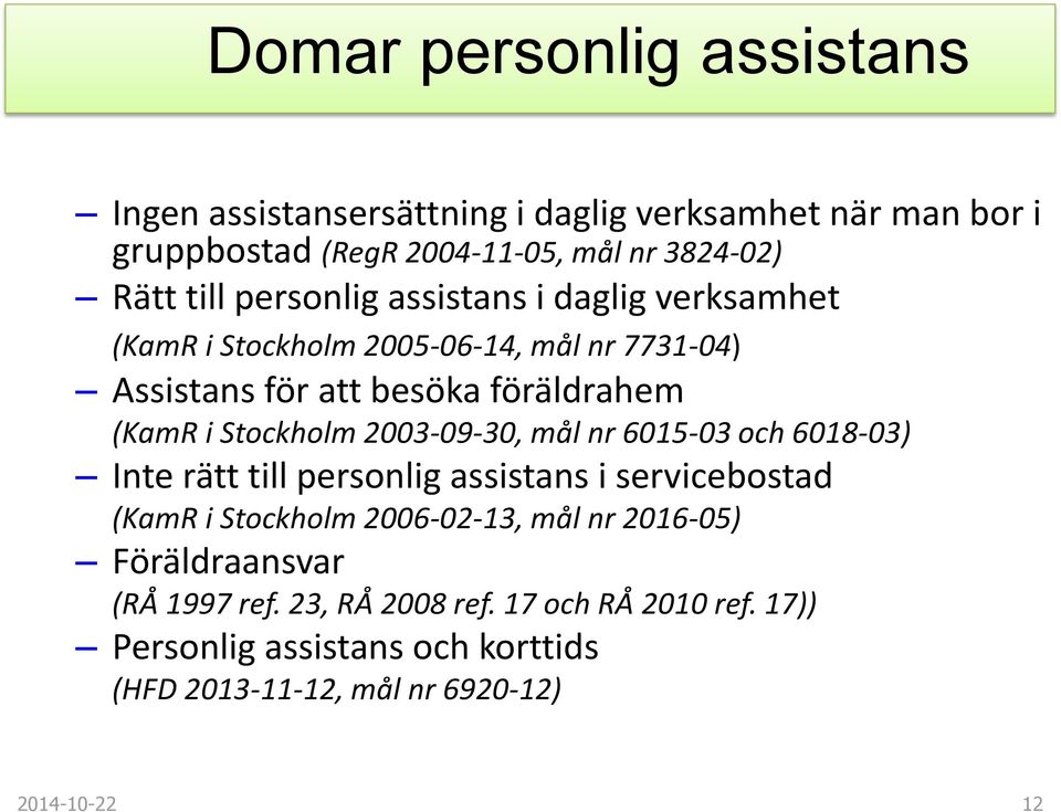 2003-09-30, mål nr 6015-03 och 6018-03) Inte rätt till personlig assistans i servicebostad (KamR i Stockholm 2006-02-13, mål nr 2016-05)