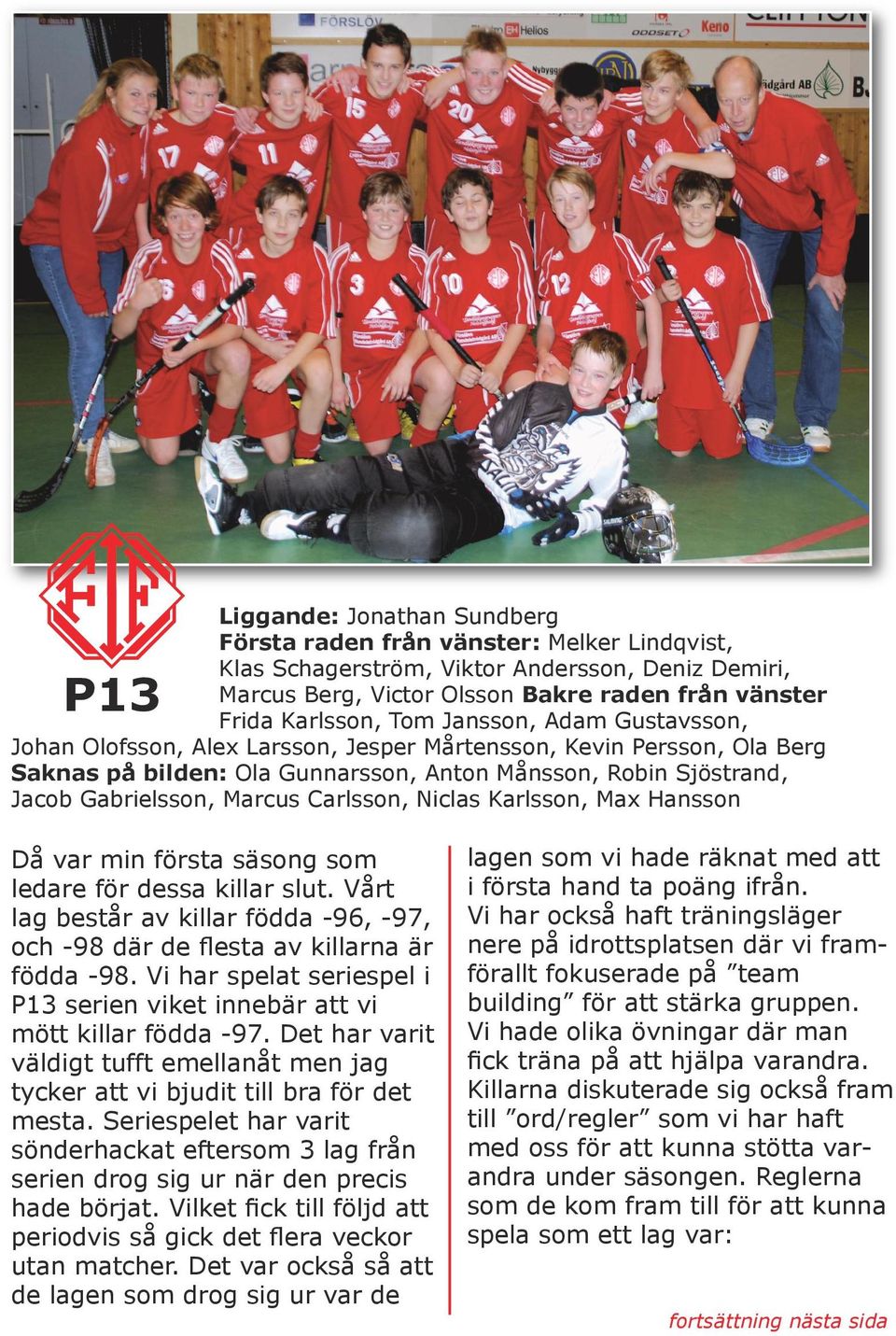 Carlsson, Niclas Karlsson, Max Hansson Då var min första säsong som ledare för dessa killar slut. Vårt lag består av killar födda -96, -97, och -98 där de flesta av killarna är födda -98.