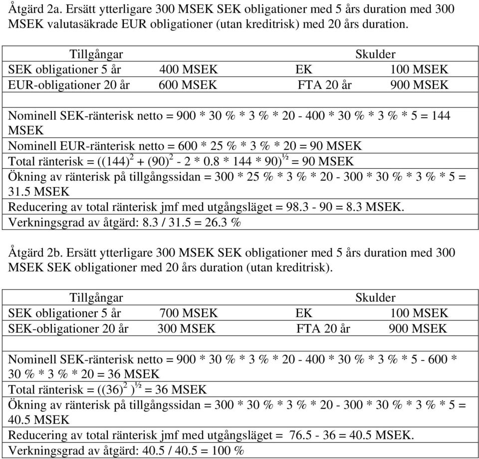 EUR-ränterisk netto = 600 * 25 % * 3 % * 20 = 90 MSEK Total ränterisk = ((144) 2 + (90) 2-2 * 0.