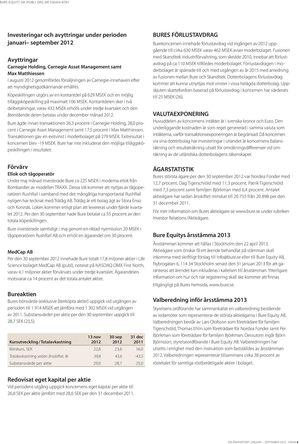 Kontantdelen sker i två delbetalningar, varav 432 erhölls under tredje kvartalet och den återstående delen betalas under december månad.