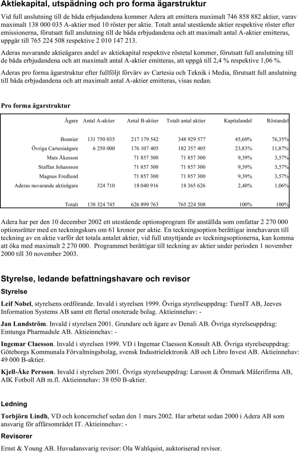 Totalt antal utestående aktier respektive röster efter emissionerna, förutsatt full anslutning till de båda erbjudandena och att maximalt antal A-aktier emitteras, uppgår till 765 224 508 respektive