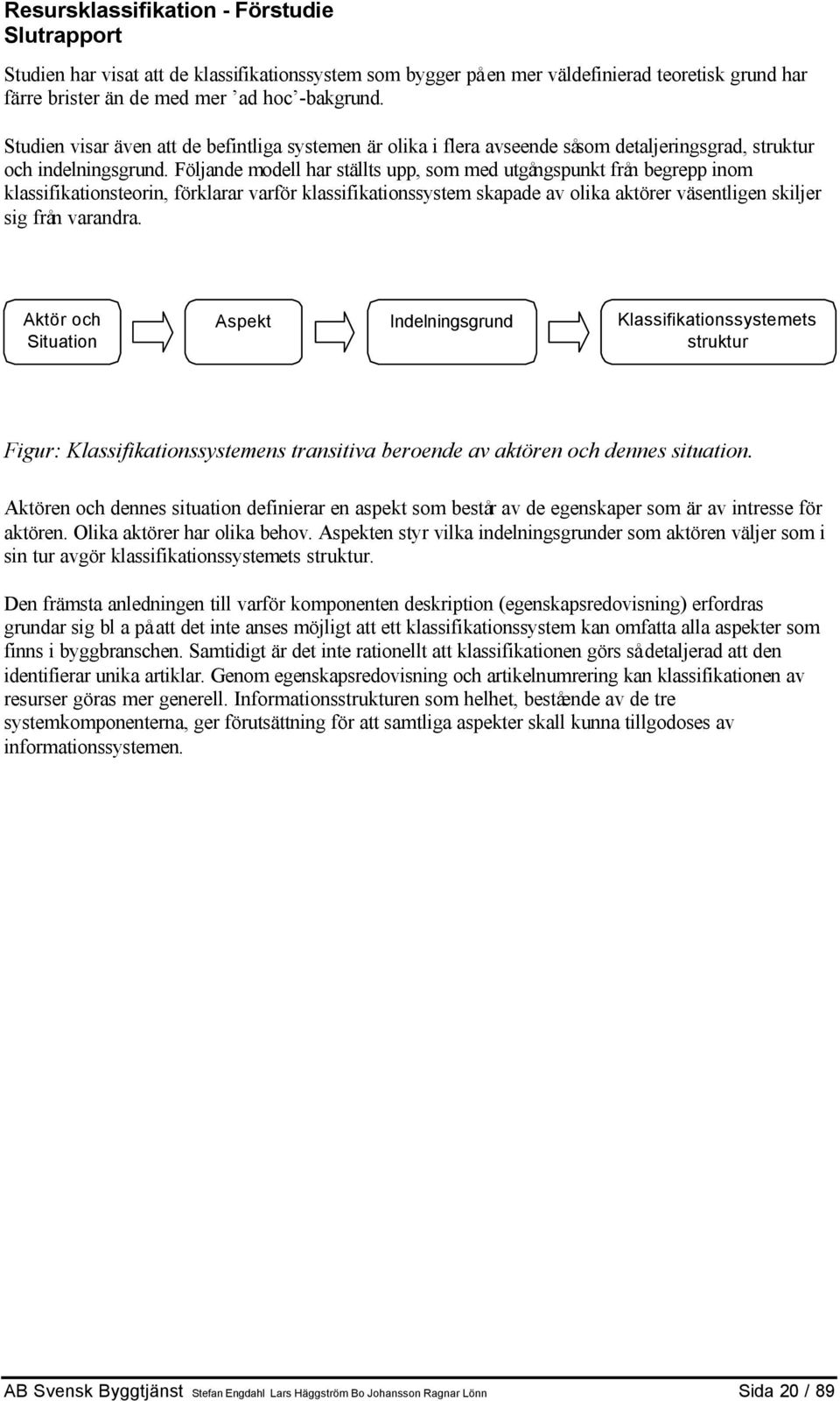 Följande modell har ställts upp, som med utgångspunkt från begrepp inom klassifikationsteorin, förklarar varför klassifikationssystem skapade av olika aktörer väsentligen skiljer sig från varandra.