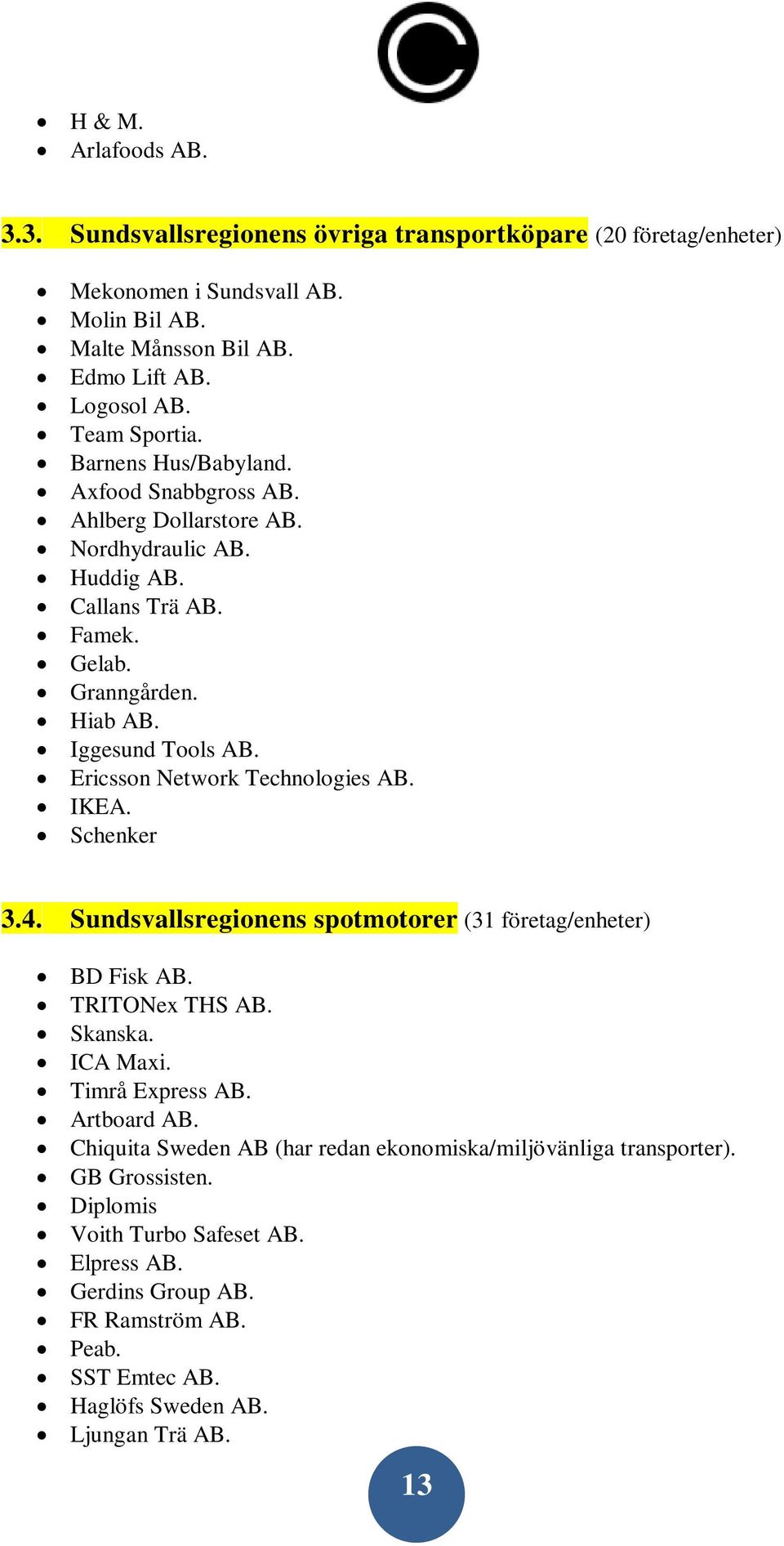 Ericsson Network Technologies AB. IKEA. Schenker 3.4. Sundsvallsregionens spotmotorer (31 företag/enheter) BD Fisk AB. TRITONex THS AB. Skanska. ICA Maxi. Timrå Express AB. Artboard AB.