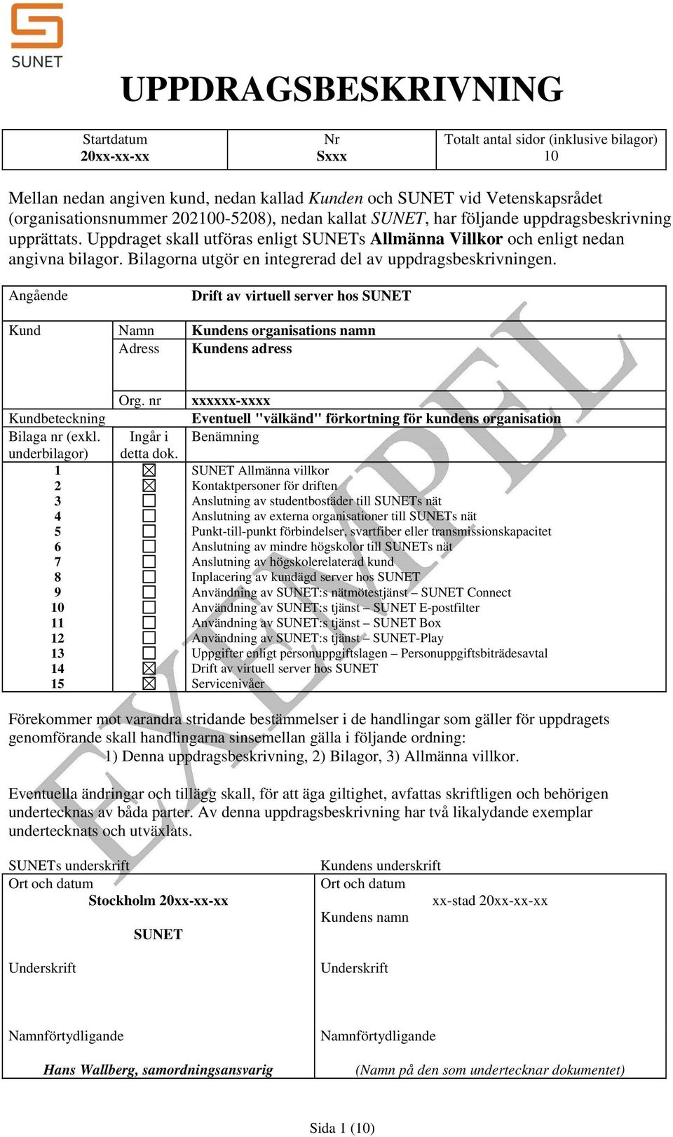 Bilagorna utgör en integrerad del av uppdragsbeskrivningen. Angående Drift av virtuell server hos SUNET Kund Namn Kundens organisations namn Adress Kundens adress Org.