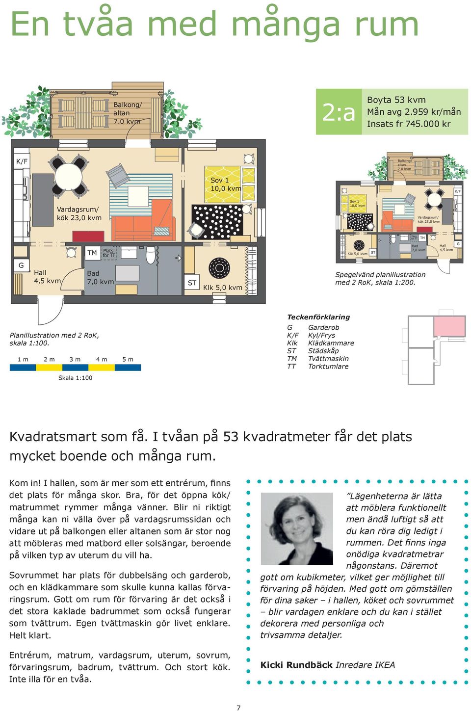 5,0 kvm Spegelvänd planillustration med 2 RoK, skala 1:200. Planillustration med 2 RoK, skala 1:100.