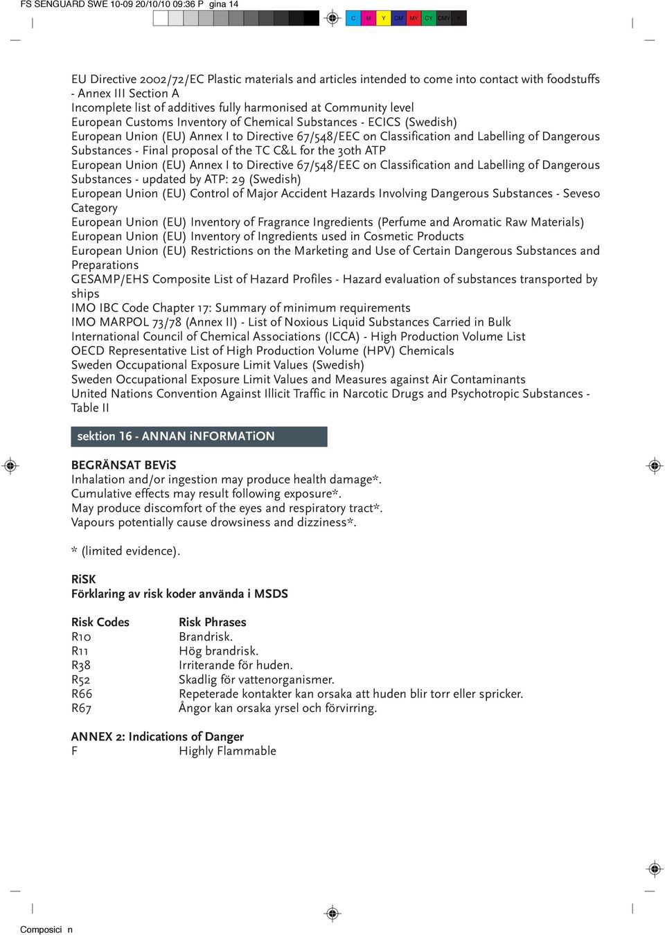 Dangerous Substances - Final proposal of the TC C&L for the 30th ATP European Union (EU) Annex I to Directive 67/548/EEC on Classification and Labelling of Dangerous Substances - updated by ATP: 29