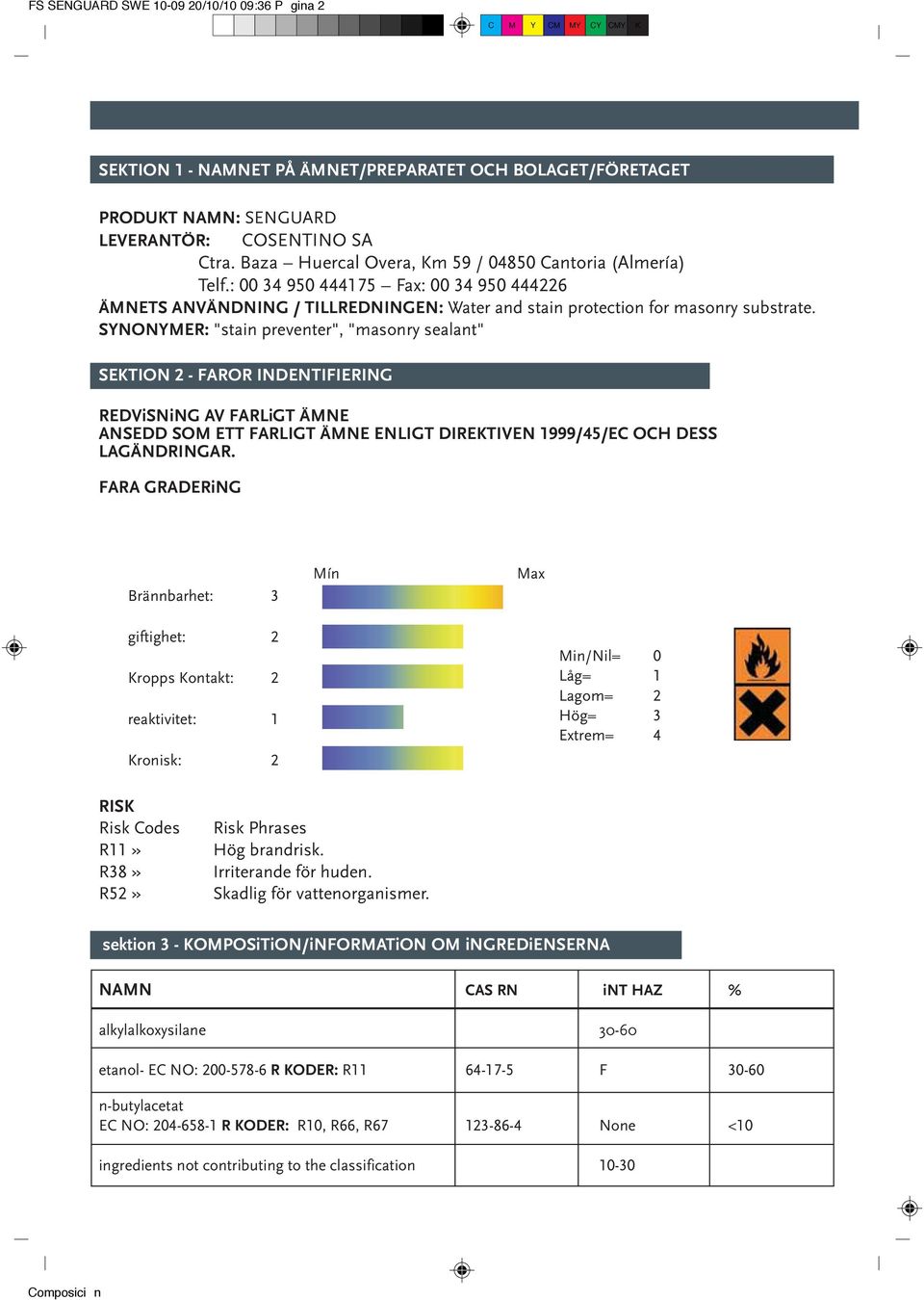 SYNONYMER: "stain preventer", "masonry sealant" SEKTION 2 - FAROR INDENTIFIERING REDViSNiNG AV FARLiGT ÄMNE ANSEDD SOM ETT FARLIGT ÄMNE ENLIGT DIREKTIVEN 1999/45/EC OCH DESS LAGÄNDRINGAR.