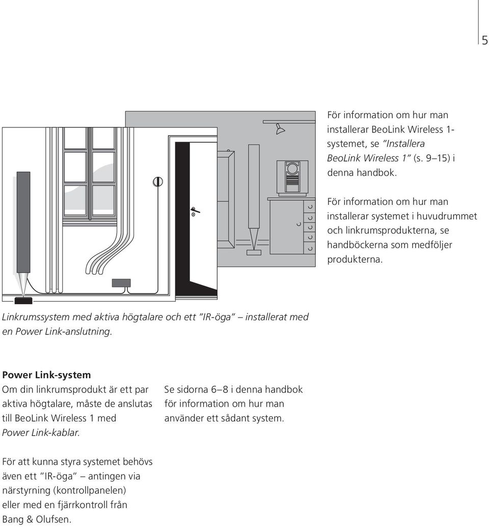 Linkrumssystem med aktiva högtalare och ett IR-öga installerat med en Power Link-anslutning.