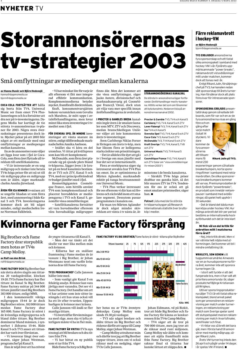 Dagens Media har kartlagt de tio största tv-annonsörernas tv-planer för 2003. Några stora överraskningar presenteras dock inte.