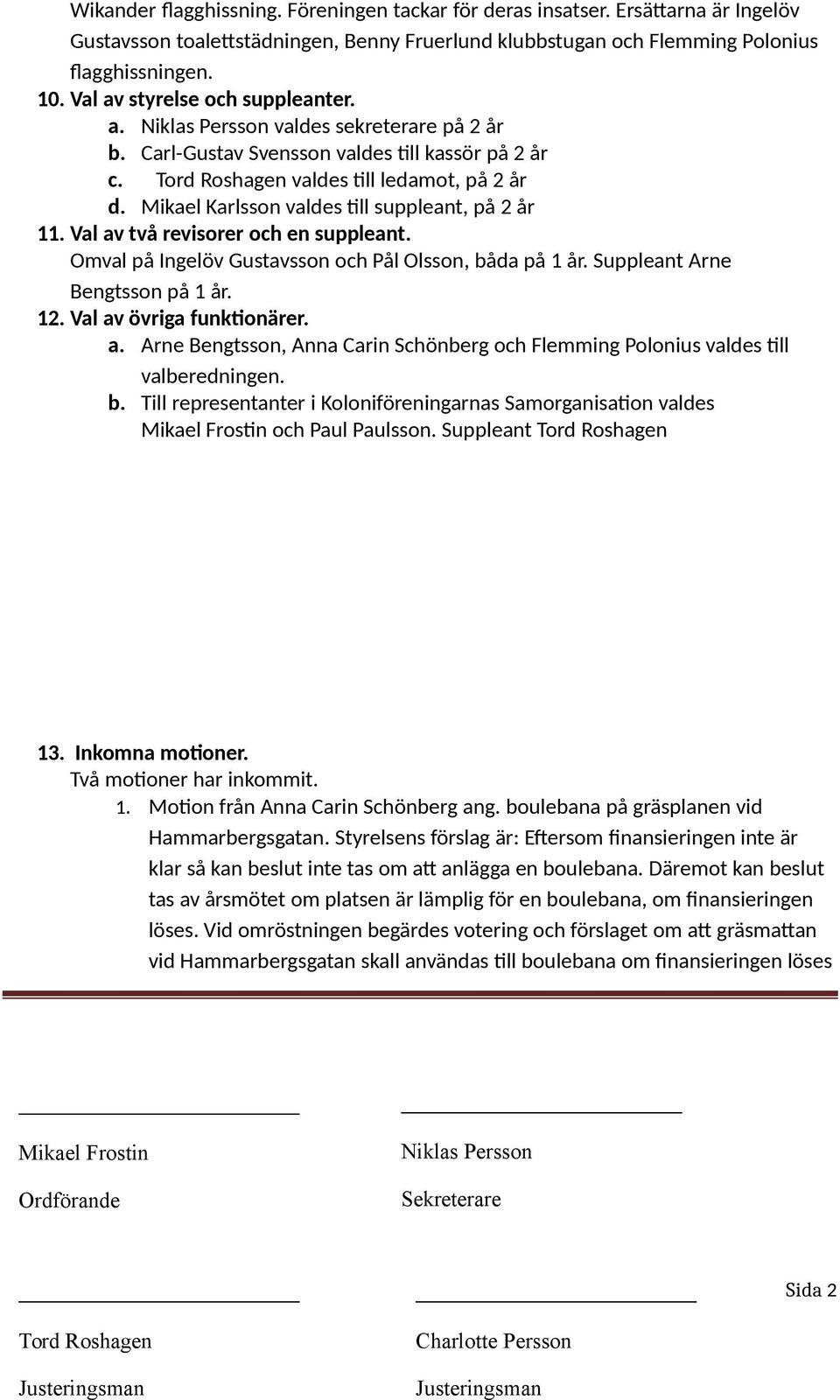 Val av två revisorer och en suppleant. Omval på Ingelöv Gustavsson och Pål Olsson, båda på 1 år. Suppleant Arne Bengtsson på 1 år. 12. Val av övriga funktionärer. a. Arne Bengtsson, Anna Carin Schönberg och Flemming Polonius valdes till valberedningen.