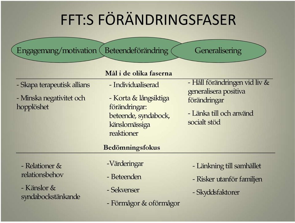 beteende, syndabock, känslomässiga reaktioner Bedömningsfokus -Värderingar - Beteenden - Sekvenser - Förmågor & oförmågor - Håll förändringen