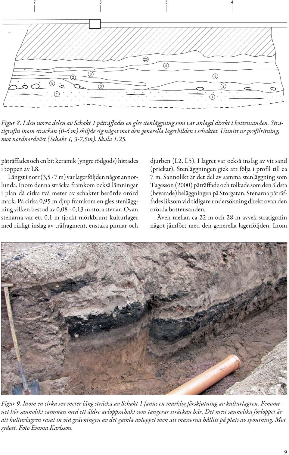 påträffades och en bit keramik (yngre rödgods) hittades i toppen av L8. Längst i norr (3,5-7 m) var lagerföljden något annorlunda.