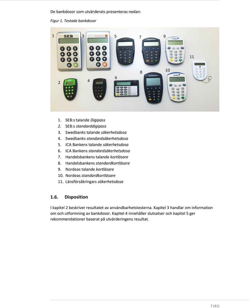 Handelsbankens standardkortläsare 9. Nordeas talande kortläsare 10. Nordeas standardkortläsare 11. Länsförsäkringars säkerhetsdosa 1.6.