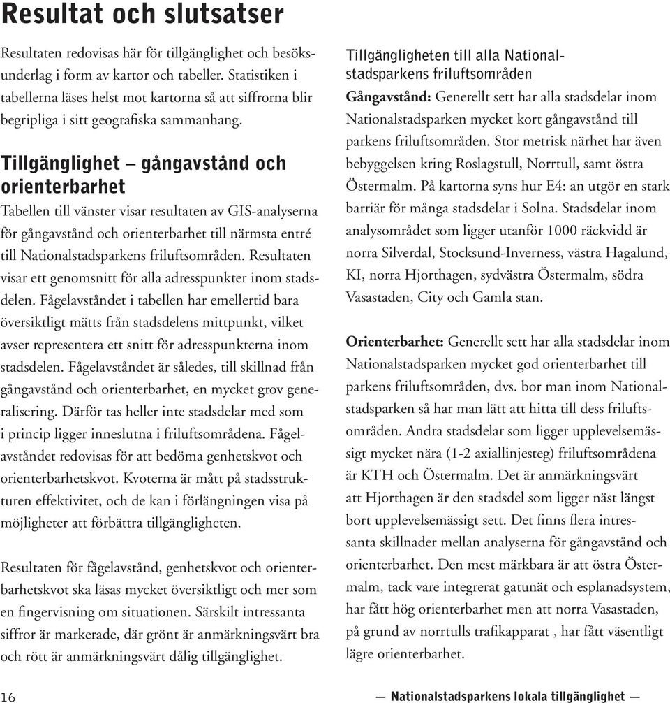 Tillgänglighet gångavstånd och orienterbarhet Tabellen till vänster visar resultaten av GIS-analyserna för gångavstånd och orienterbarhet till närmsta entré till Nationalstadsparkens friluftsområden.