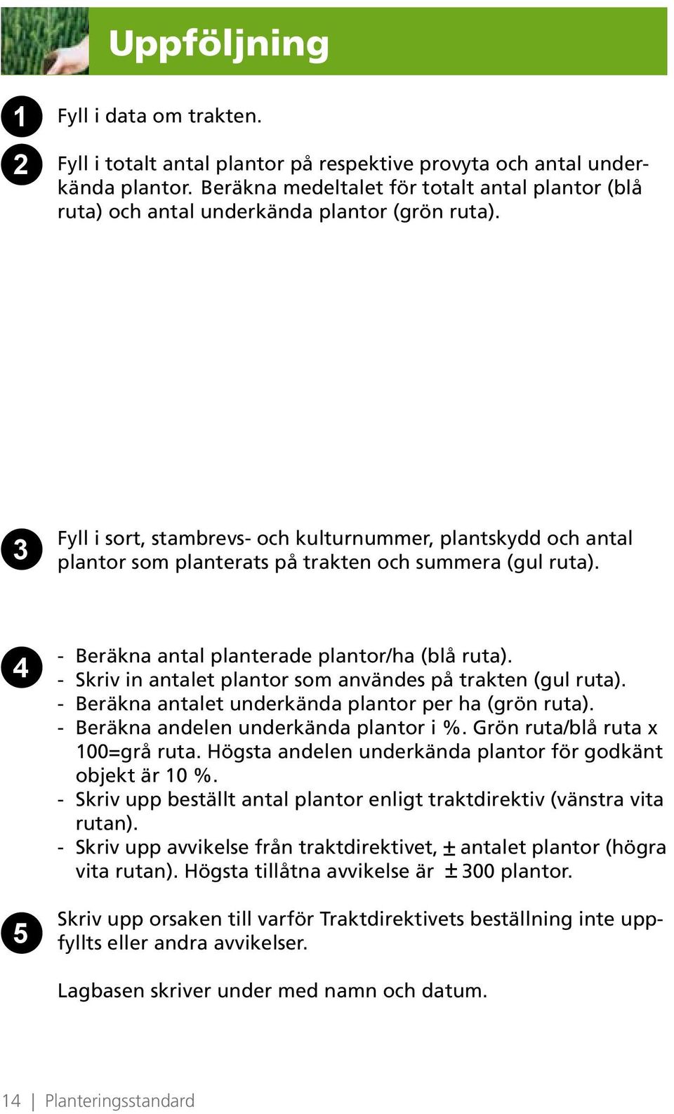 3 Fyll i sort, stambrevs- och kulturnummer, plantskydd och antal plantor som planterats på trakten och summera (gul ruta). 4 5 - Beräkna antal planterade plantor/ha (blå ruta).