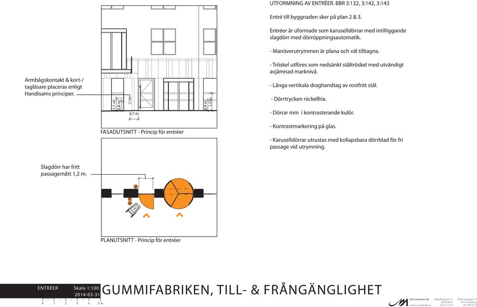 1,1 m 0,8 m 0,7 m 0,9 m 1,5 m - Långa vertikala draghandtag av rostfritt stål. - Dörrtrycken nickelfria. - Dörrar mm i kontrasterande kulör.