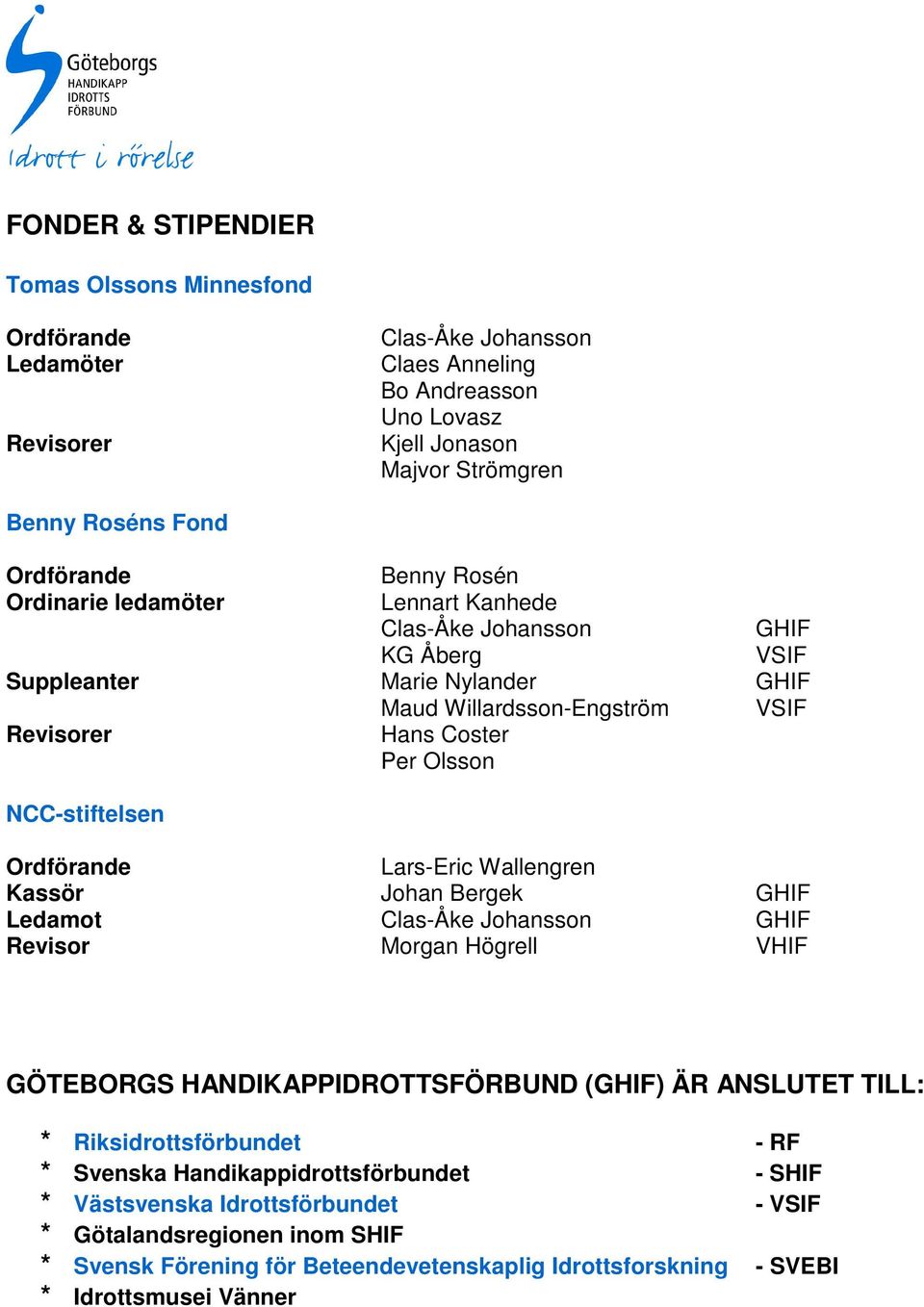 Ordförande Lars-Eric Wallengren Kassör Johan Bergek GHIF Ledamot Clas-Åke Johansson GHIF Revisor Morgan Högrell VHIF GÖTEBORGS HANDIKAPPIDROTTSFÖRBUND (GHIF) ÄR ANSLUTET TILL: * Riksidrottsförbundet