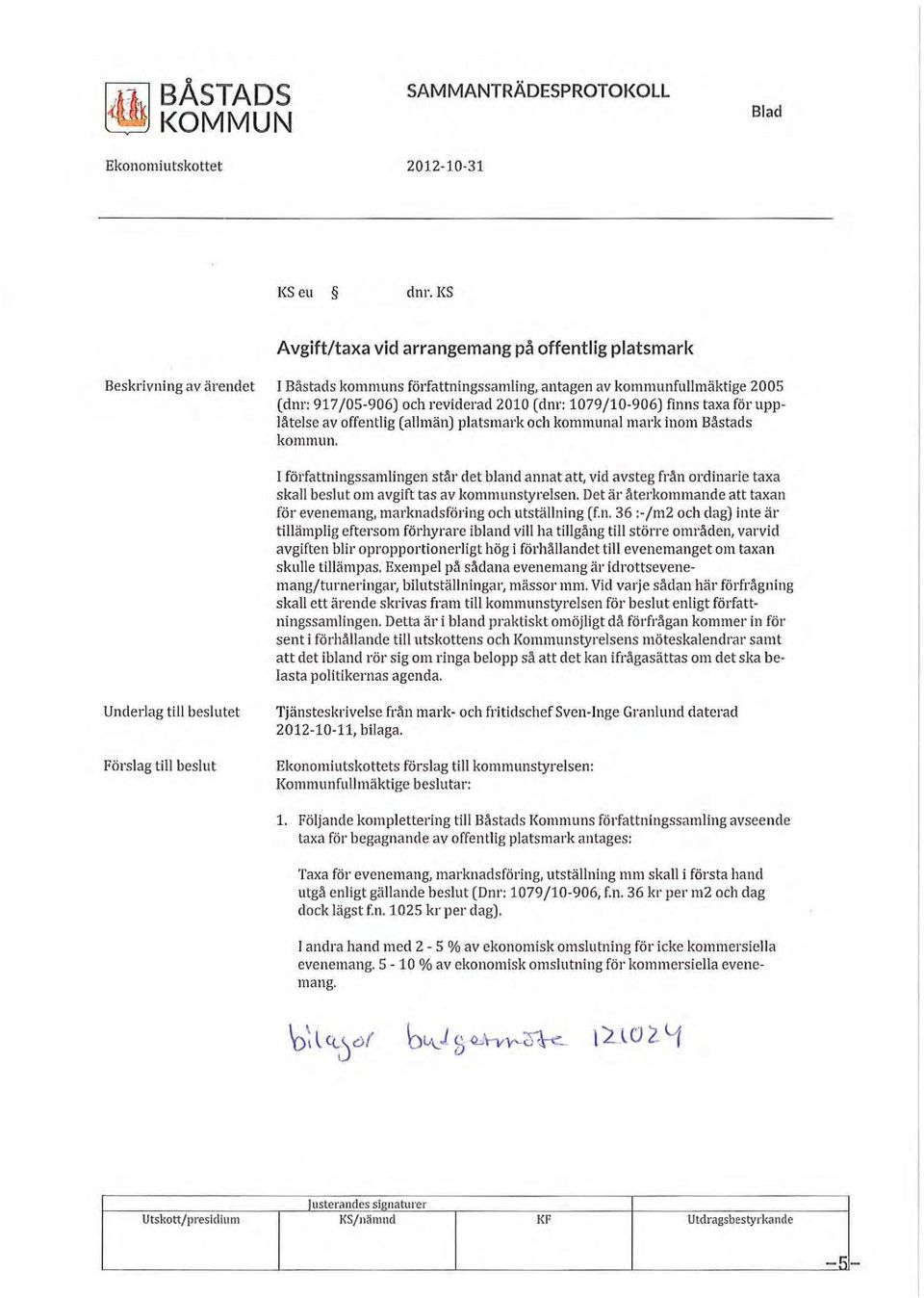 1079 /10-906) finns taxa för upplåtelse av offentlig (allmän) platsmark och kommunal mark inom Båstads kommun.