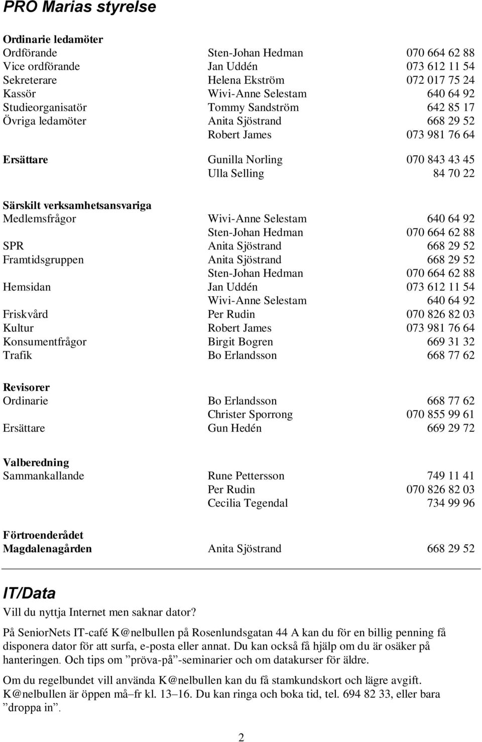 verksamhetsansvariga Medlemsfrågor Wivi-Anne Selestam 640 64 92 Sten-Johan Hedman 070 664 62 88 SPR Anita Sjöstrand 668 29 52 Framtidsgruppen Anita Sjöstrand 668 29 52 Sten-Johan Hedman 070 664 62 88