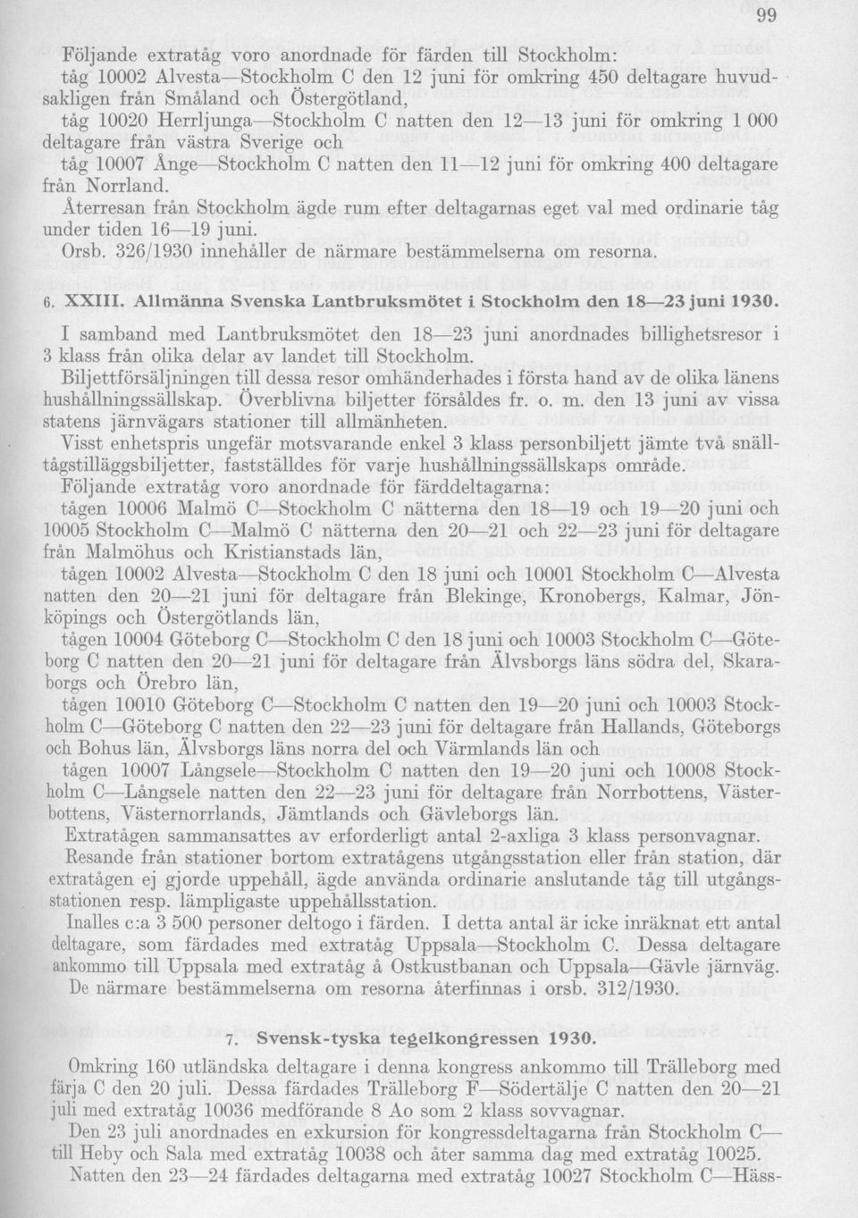 Återresan från Stockholm ägde rum efter deltagarnas eget val med ordinarie tåg under tiden 16 19 juni. Orsb. 326/1930 innehåller de närmare bestämmelserna om resorna. 6. XXIII.