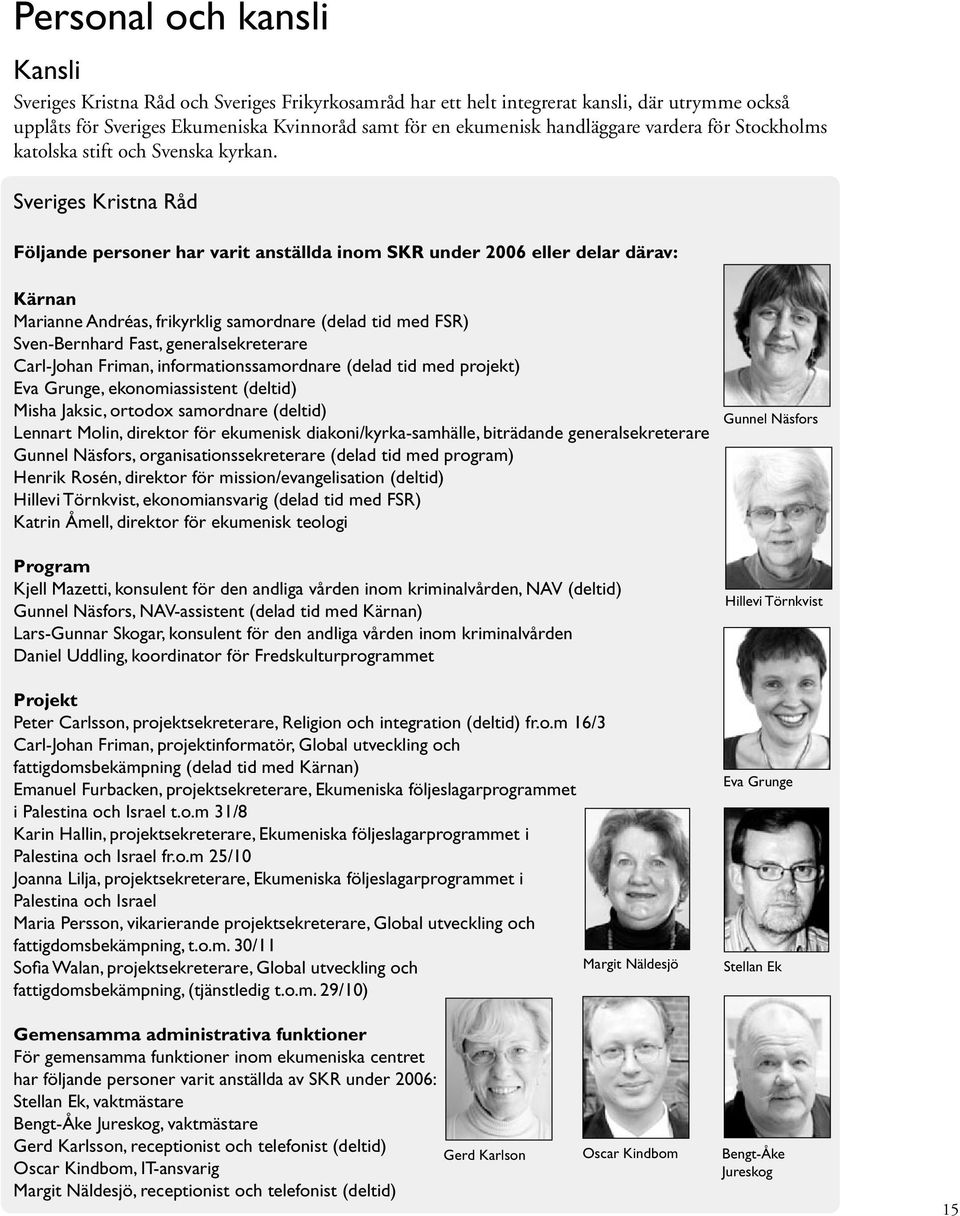 Sveriges Kristna Råd Följande personer har varit anställda inom SKR under 2006 eller delar därav: Kärnan Marianne Andréas, frikyrklig samordnare (delad tid med FSR) Sven-Bernhard Fast,