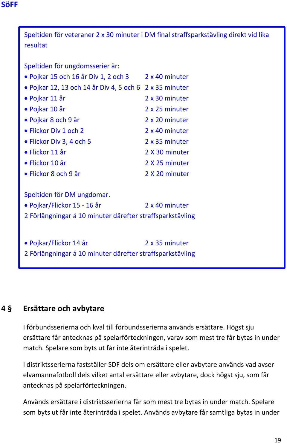 Flickor 11 år 2 X 30 minuter Flickor 10 år 2 X 25 minuter Flickor 8 och 9 år 2 X 20 minuter Speltiden för DM ungdomar.