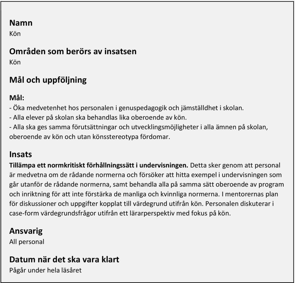 Insats Tillämpa ett normkritiskt förhållningssätt i undervisningen.