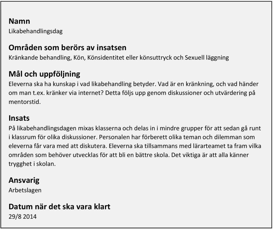 Insats På likabehandlingsdagen mixas klasserna och delas in i mindre grupper för att sedan gå runt i klassrum för olika diskussioner.