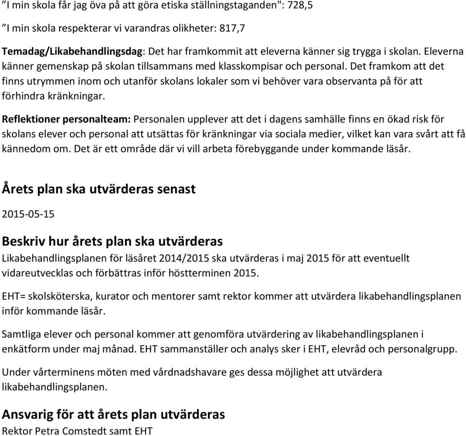 Det framkom att det finns utrymmen inom och utanför skolans lokaler som vi behöver vara observanta på för att förhindra kränkningar.