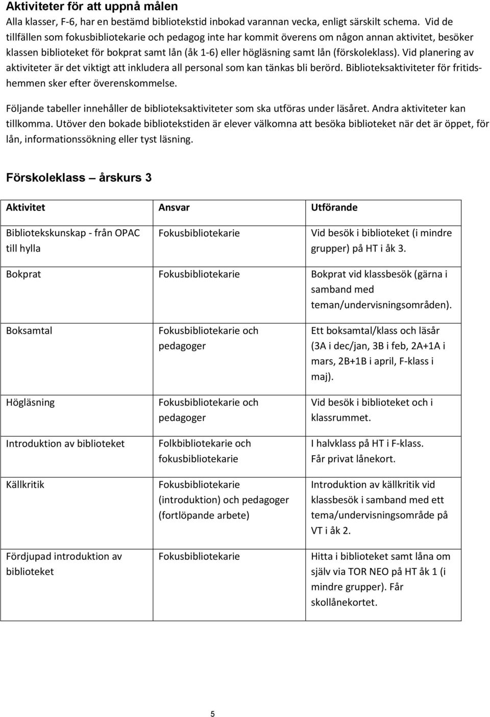 (förskoleklass). Vid planering av aktiviteter är det viktigt att inkludera all personal som kan tänkas bli berörd. Biblioteksaktiviteter för fritidshemmen sker efter överenskommelse.