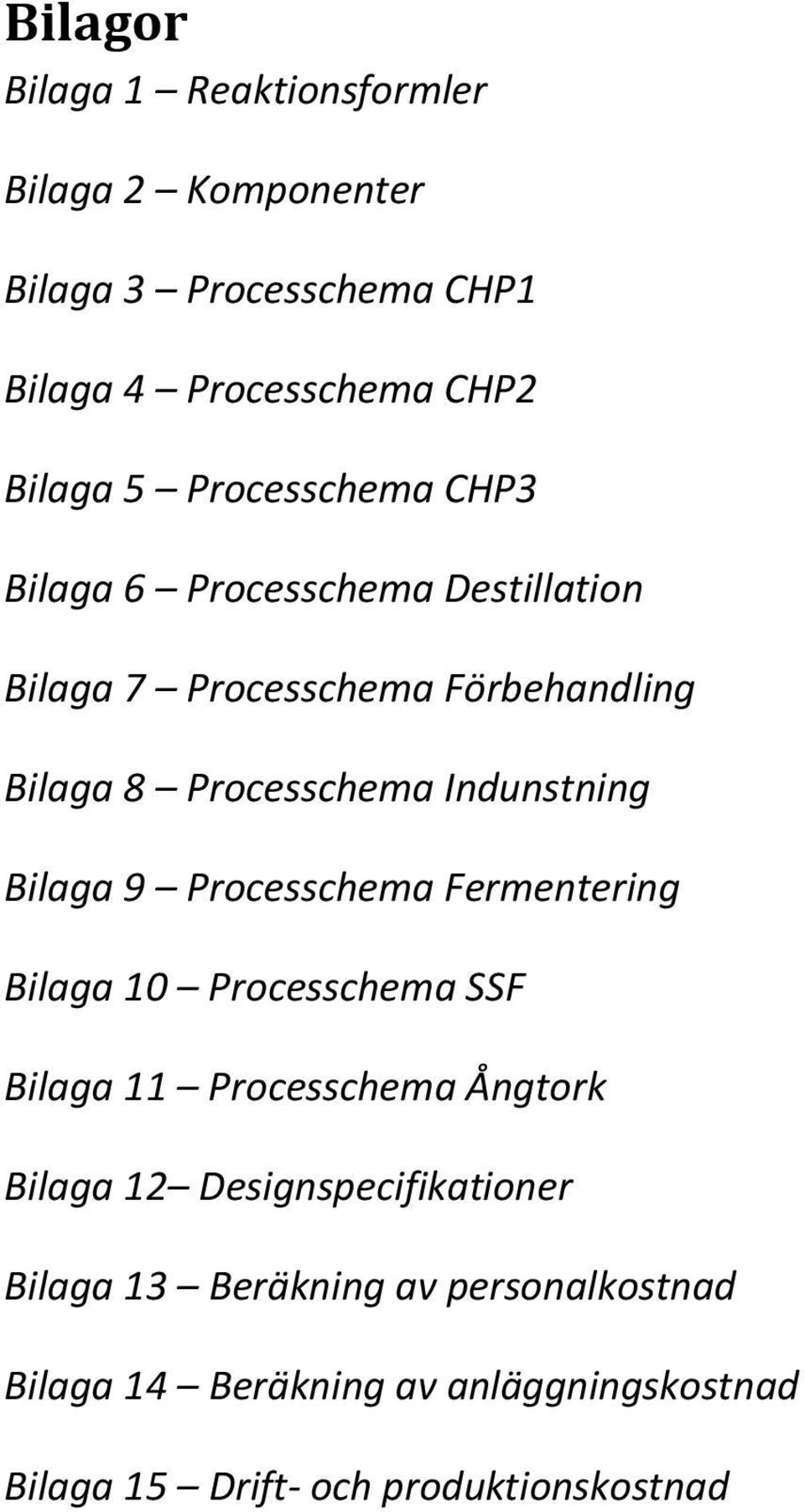 Indunstning Bilaga 9 Processchema Fermentering Bilaga 10 Processchema SSF Bilaga 11 Processchema Ångtork Bilaga 12