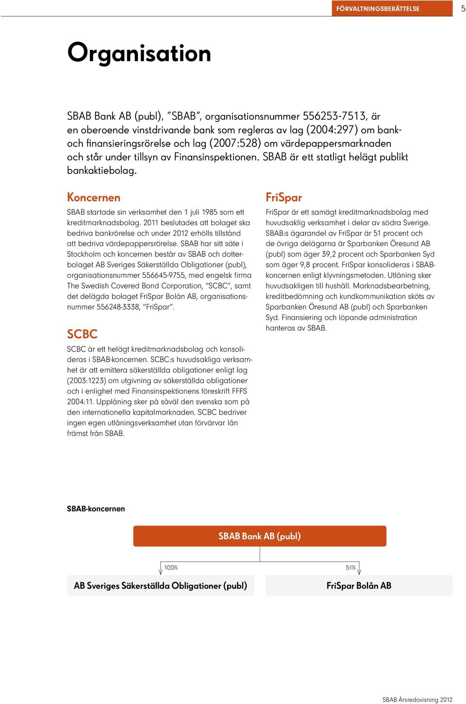 SBAB startade sin verksamhet den 1 juli 1985 som ett kreditmarknadsbolag. 2011 beslutades att bolaget ska bedriva bankrörelse och under 2012 erhölls tillstånd att bedriva värdepappersrörelse.