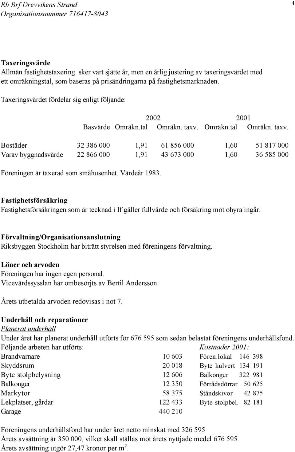 Omräkn.tal Omräkn. taxv. Bostäder 32 386 000 1,91 61 856 000 1,60 51 817 000 Varav byggnadsvärde 22 866 000 1,91 43 673 000 1,60 36 585 000 Föreningen är taxerad som småhusenhet. Värdeår 1983.