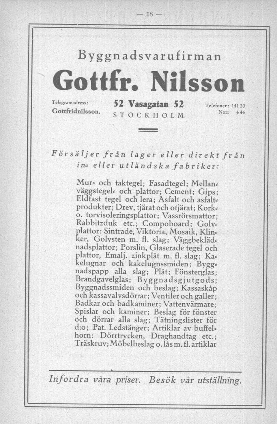 och plattor; Cement; Gips; Eldfast tegel och lera; Asfalt och asfaltprodukter: Drev, tjärat och otjärat; Korh o. torvisoleringsplattor; Vassrörsmattor- Rabbitzduk etc.