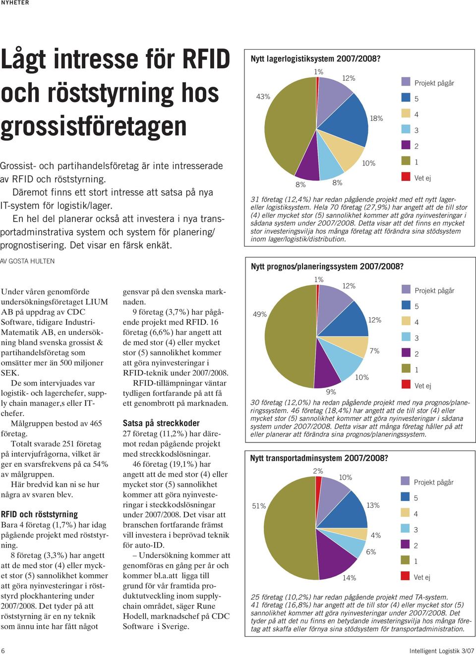 En hel del planerar också att investera i nya transportadminstrativa system och system för planering/ prognostisering. Det visar en färsk enkät.