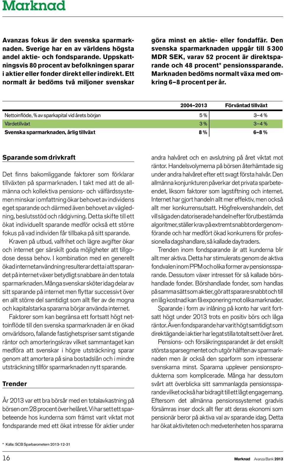 Den svenska sparmarknaden uppgår till 5 300 MDR SEK, varav 52 procent är direktsparande och 48 procent* pensionssparande. Marknaden bedöms normalt växa med omkring 6 8 procent per år.