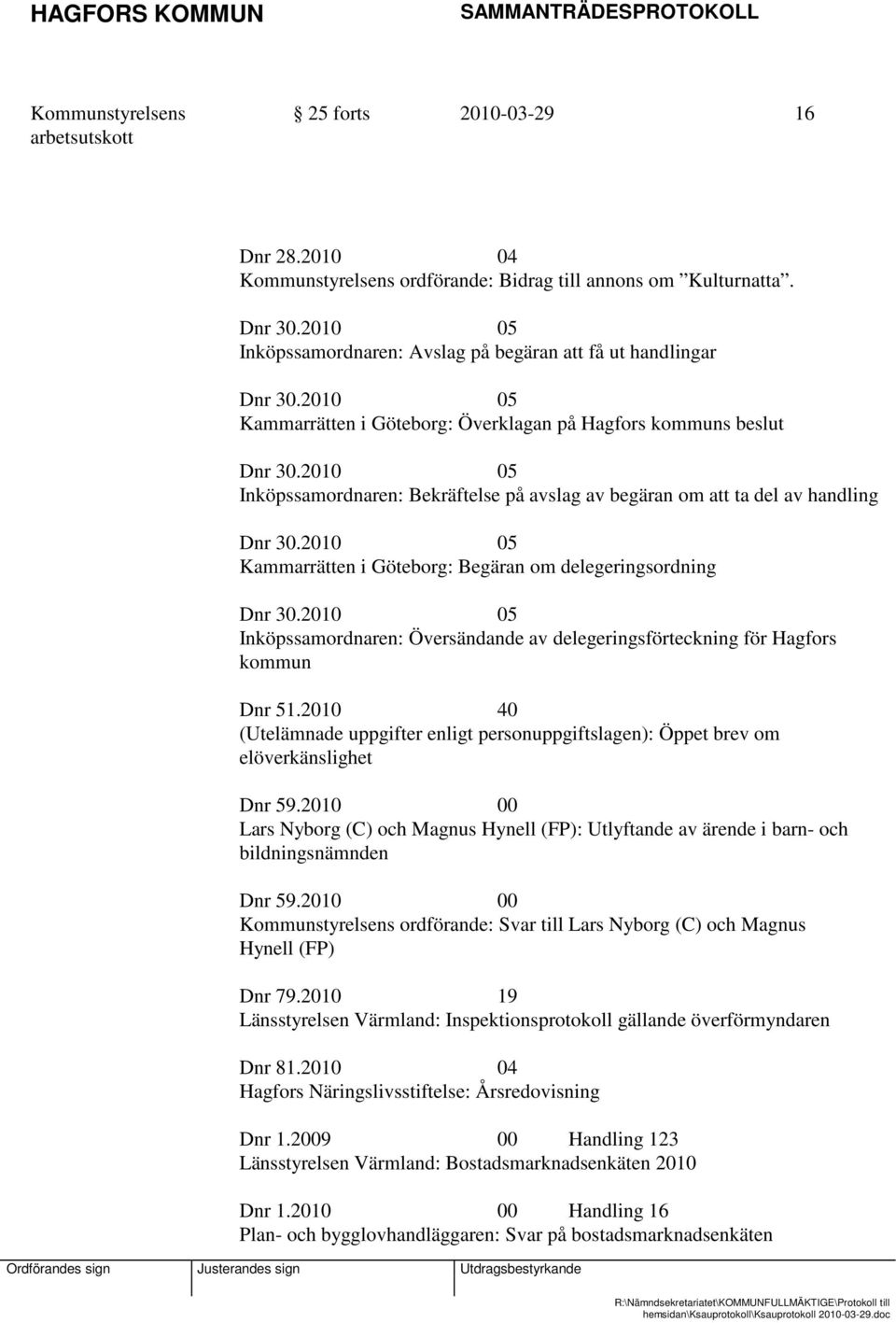 2010 05 Kammarrätten i Göteborg: Begäran om delegeringsordning Dnr 30.2010 05 Inköpssamordnaren: Översändande av delegeringsförteckning för Hagfors kommun Dnr 51.