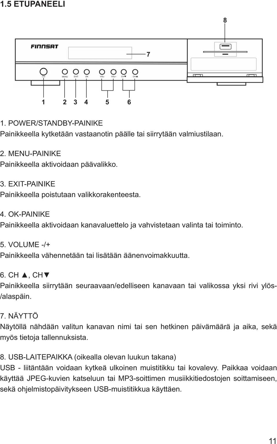 CH, CH Painikkeella siirrytään seuraavaan/edelliseen kanavaan tai valikossa yksi rivi ylös- /alaspäin. 7.