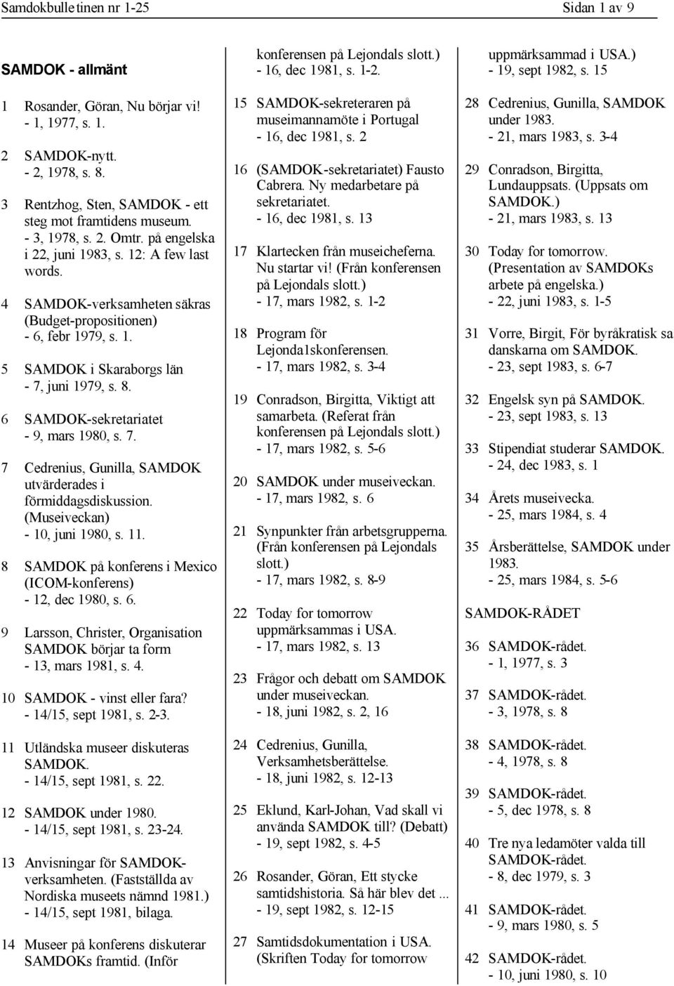 6 SAMDOK-sekretariatet - 9, mars 1980, s. 7. 7 Cedrenius, Gunilla, SAMDOK utvärderades i förmiddagsdiskussion. (Museiveckan) - 10, juni 1980, s. 11.