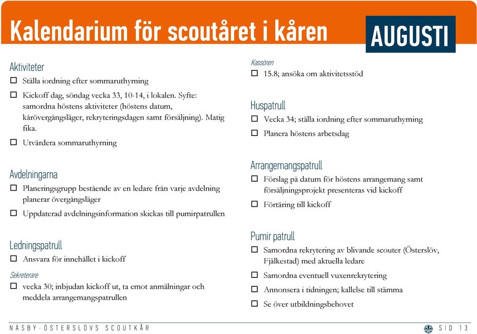 Utvärdera sommaruthyrning Avdelningarna Planeringsgrupp bestående av en ledare från varje avdelning planerar övergångsläger Uppdaterad avdelningsinformation skickas till pumirpatrullen