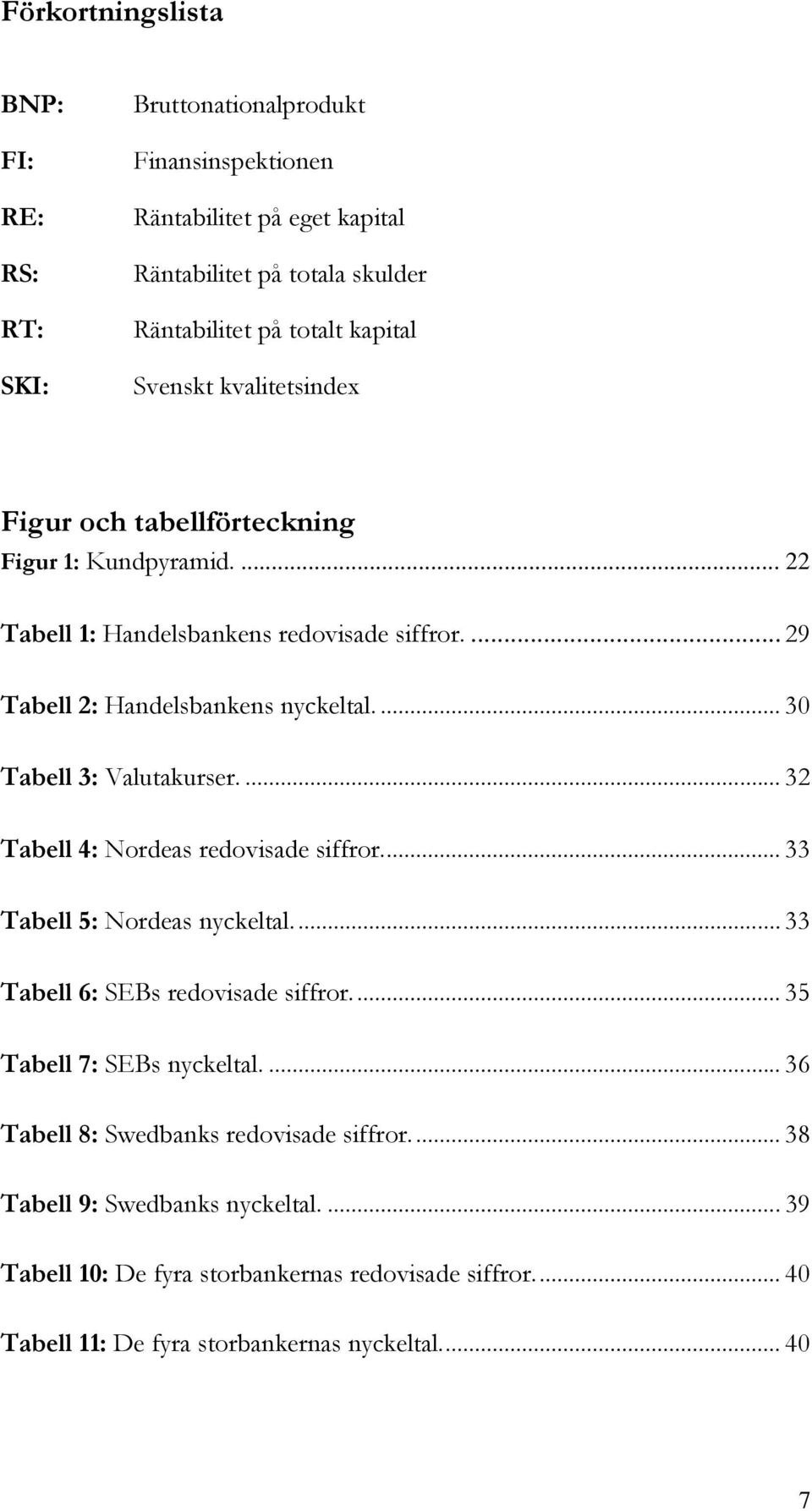 ... 30 Tabell 3: Valutakurser.... 32 Tabell 4: Nordeas redovisade siffror.... 33 Tabell 5: Nordeas nyckeltal.... 33 Tabell 6: SEBs redovisade siffror.... 35 Tabell 7: SEBs nyckeltal.