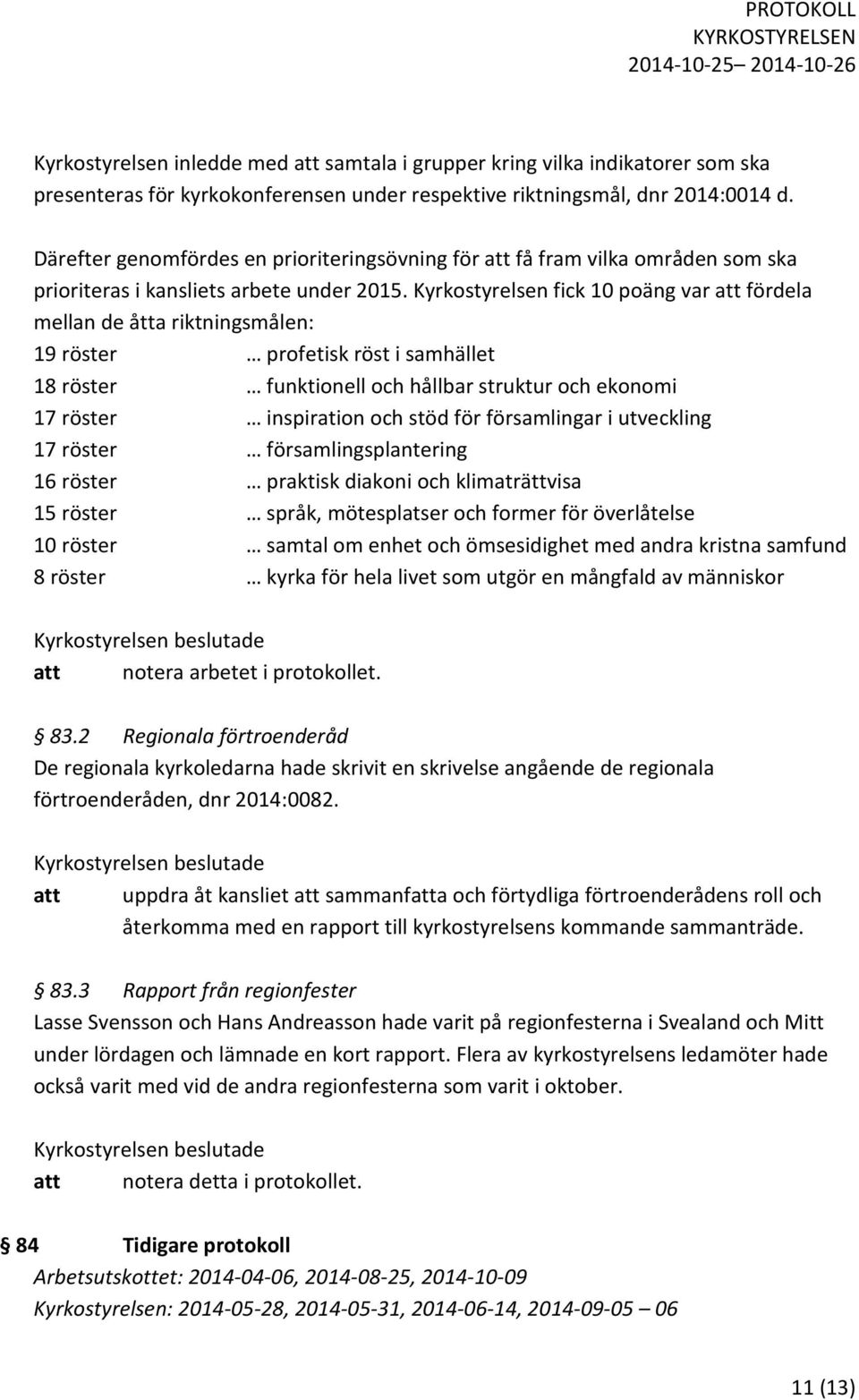 Kyrkostyrelsen fick 10 poäng var att fördela mellan de åtta riktningsmålen: 19 röster profetisk röst i samhället 18 röster funktionell och hållbar struktur och ekonomi 17 röster inspiration och stöd