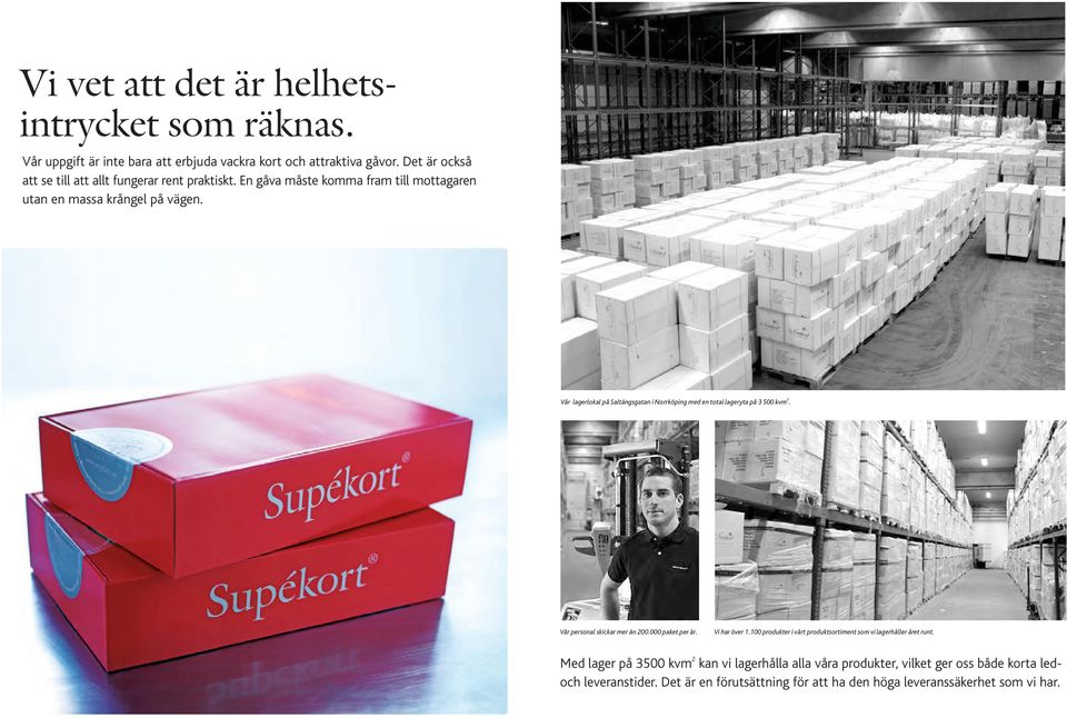 Vår lagerlokal på Saltängsgatan i Norrköping med en total lageryta på 3 500 kvm 2. Vår personal skickar mer än 200.000 paket per år. Vi har över 1.