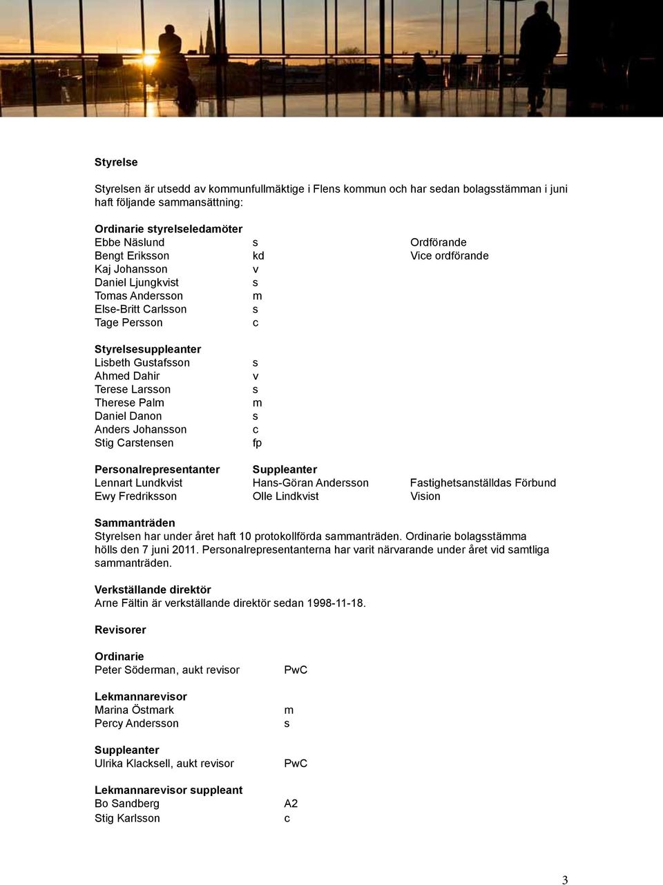 Danon Anders Johansson Stig Carstensen Personalrepresentanter Lennart Lundkvist Ewy Fredriksson s v s m s c fp Suppleanter Hans-Göran Andersson Olle Lindkvist Fastighetsanställdas Förbund Vision