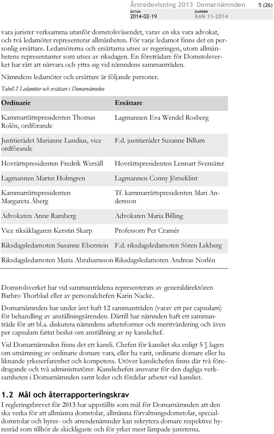 En företrädare för Domstolsverket har rätt att närvara och yttra sig vid nämndens sammanträden. Nämndens ledamöter och ersättare är följande personer.