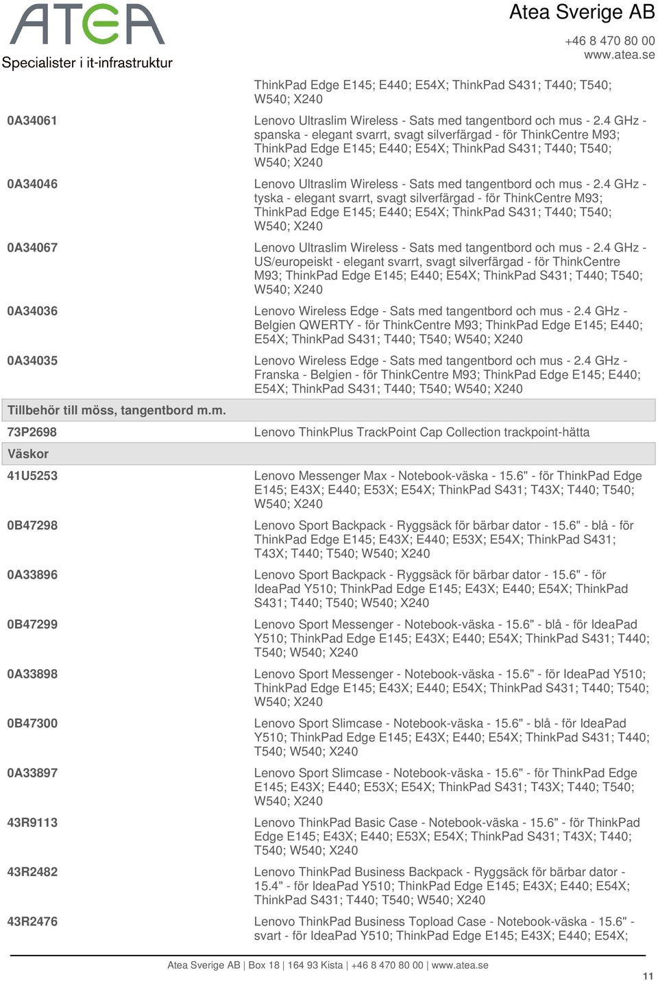 - 2.4 GHz - tyska - elegant svarrt, svagt silverfärgad - för ThinkCentre M93; ThinkPad Edge E145; E440; E54X; ThinkPad S431; T440; T540; 0A34067 Lenovo Ultraslim Wireless - Sats med tangentbord och