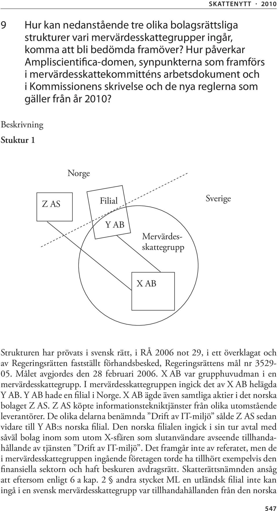 Beskrivning Stuktur 1 Norge Z AS Filial Sverige Y AB Mervärdesskattegrupp X AB Strukturen har prövats i svensk rätt, i RÅ 2006 not 29, i ett överklagat och av Regeringsrätten fastställt